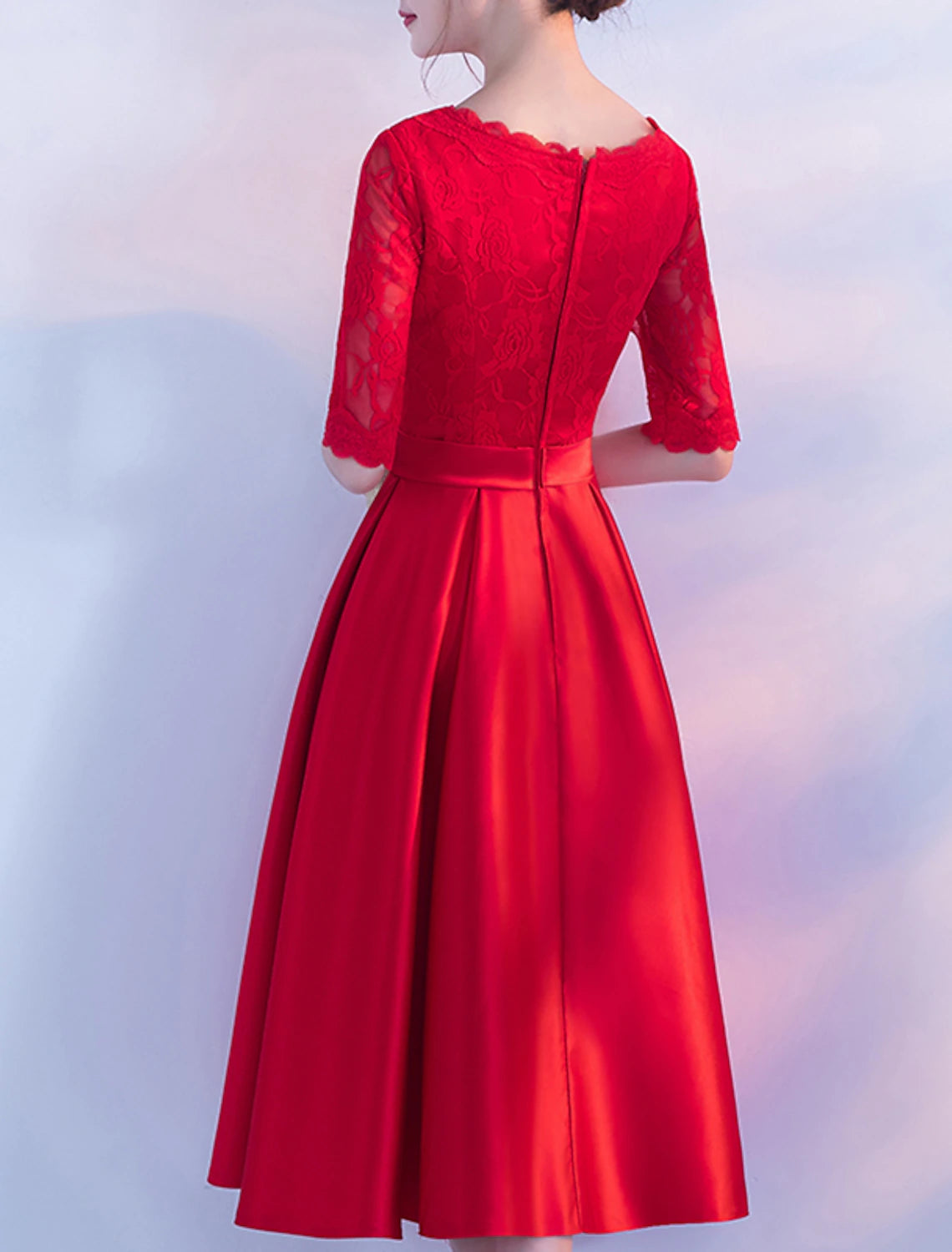 Wholesale A-Line Minimalist Elegant Party Wear Cocktail Party Wedding Guest Dress Jewel Neck Half Sleeve Tea Length Satin with Bow(s) Pleats Lace Embroidery